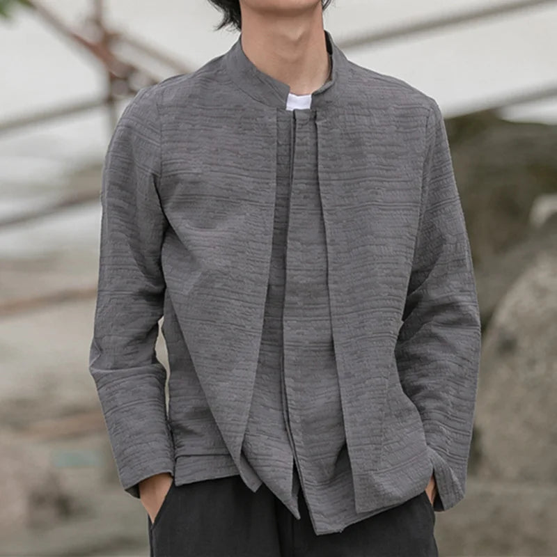sanyamk - Chinese Style Stand-Up Collar Shirt Men Spring Autumn Linen Tang Suit Shirt Fake Two Loose Plus Size Coat Tai Chi Clothes Male