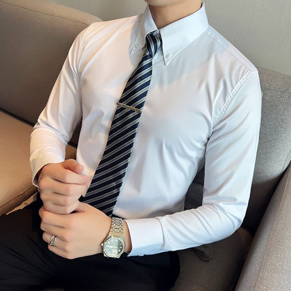 sanyamk Elegant Italian Style Large Collar Suit Shirt Men's Solid Color Long-sleeved Slim-fit Fashion Gentleman Casual Business Suit