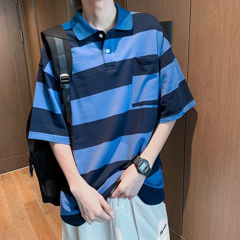 sanyamk Japanese streetwear Футболки fashion loose short-sleeved POLO shirt men's ins tide brand design pocket striped T-shirt