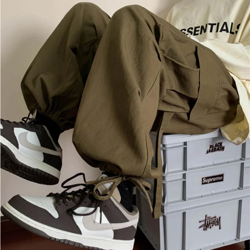 sanyamk Korean Version Vintage High Street Casual Work Pants Men's Students Solid Elastic Waist Pockets Loose Wide Leg Straight Trousers