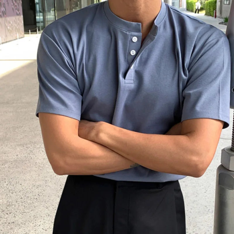 sanyamk - Minimalist New Summer Men's T-shirts Loose Round Neck Short Sleeve Buttons Solid Color Casual Male Tees Fashion 9C6495