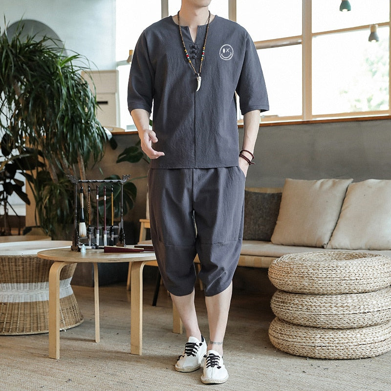 sanyamk Japanese Style Suits Kimono Short-Sleeved T-shirt Pants Two Piece Men Tops Trousers Male Japan Harajuku Yukata Cardigan Costume