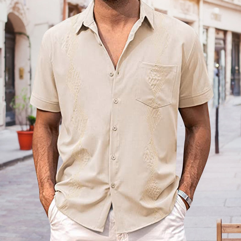 Bonsir Spring Summer Short Sleeve Casual Shirt Mens Clothes Vintage Button-down Turn-down Collar Tops Fashion Loose Shirts For Men
