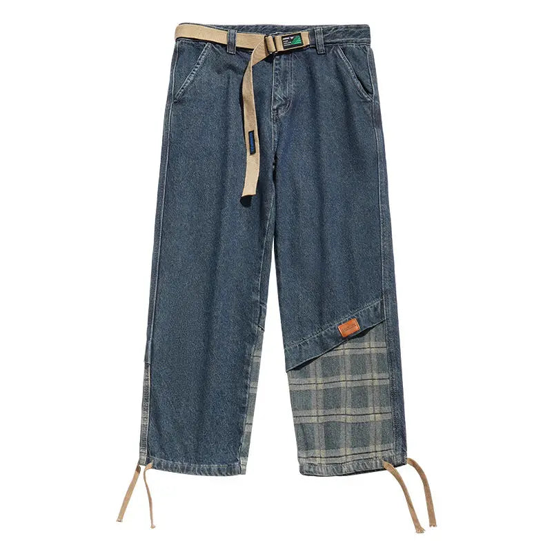 sanyamk Japanese Retro Splicing Jeans Autumn Niche High Street Causal Loose Drawstring Wide-leg Overalls Men Trousers Male Clothes