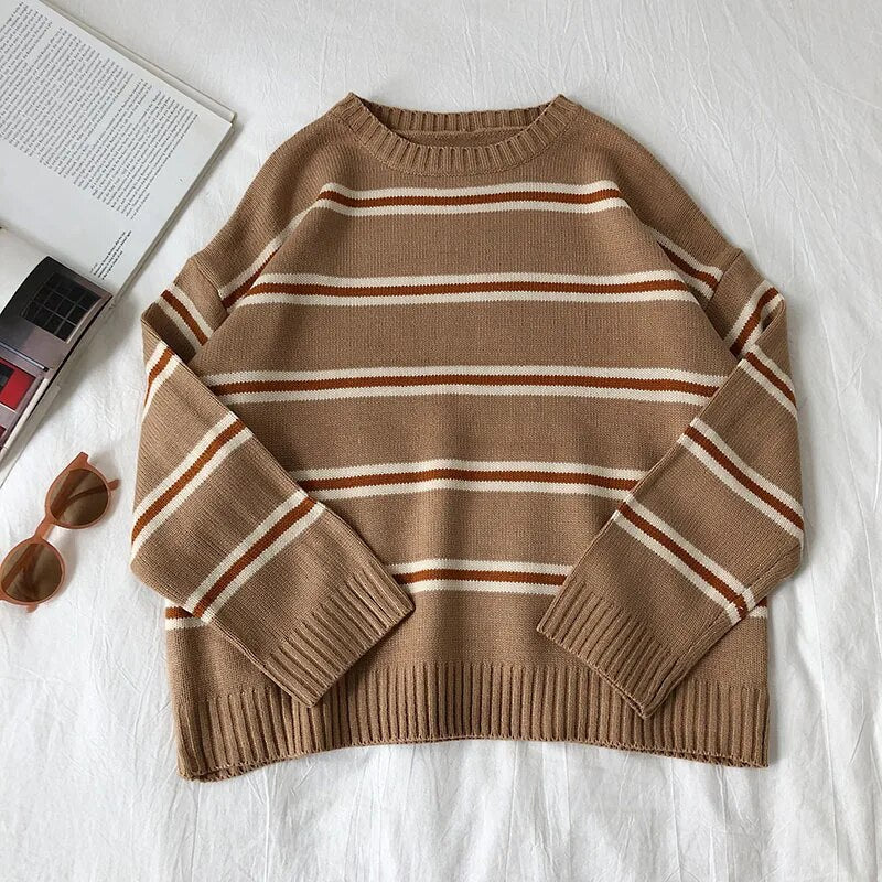 Bonsir Vintage Stripe Sweaters Women Loose Oversize Korean Style Pullover Top Autumn Winter Long Sleeve Knitted Sweater Femme