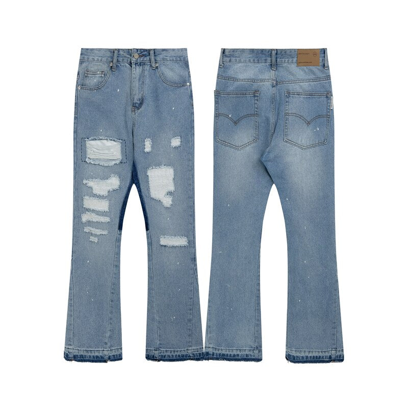 sanyamk Contrast Color Hole Ripped Distressed Blue Men's Jeans Pants Retro Streetwear Frayed Baggy Casual Flare Denim Trousers Oversize