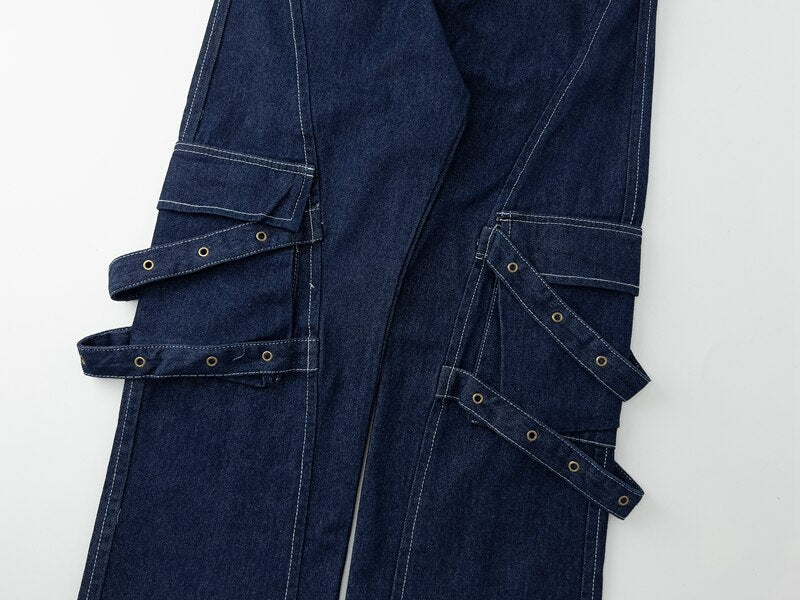 Bonsir Harajuku Solid Color Multi-pockets Jeans Pants Men and Women Straight Cargo Pants Washed Streetwear Baggy Casual Denim Trousers