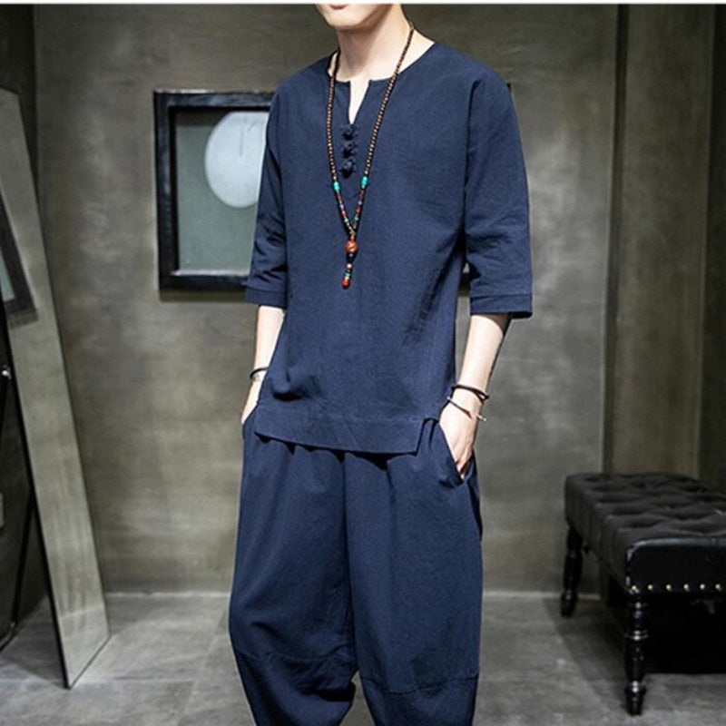 sanyamk Japanese Style Suits Kimono Short-Sleeved T-shirt Pants Two Piece Men Tops Trousers Male Japan Harajuku Yukata Cardigan Costume