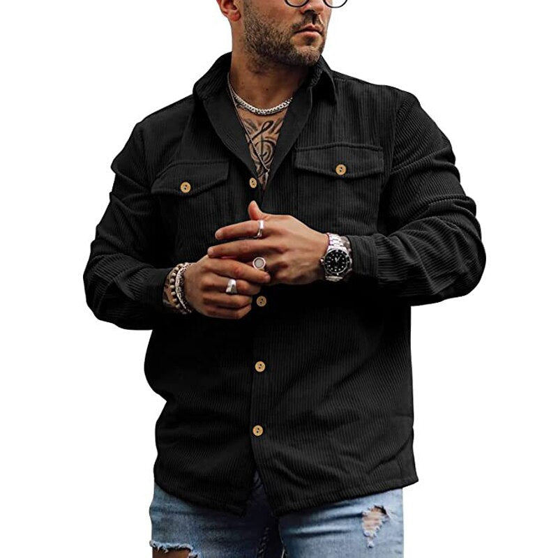 Bonsir Mens Corduroy Button Short Sleeve Shirt Spring Autumn Casual StreetwearWith Pockets Solid Color Shirt For Men Overcoat