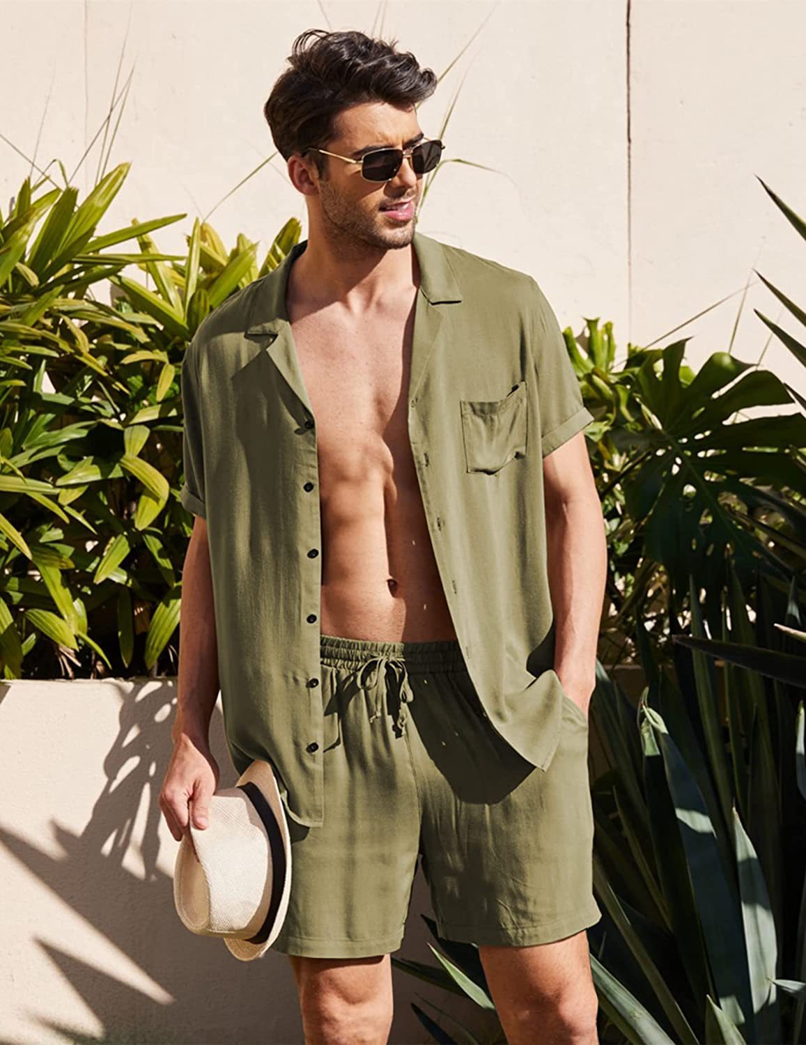 sanyamk Summer Cotton Linen Shirt Set Men's Casual Outdoor 2-Piece Suit Andhome Clothes Pajamas Comfy Breathable Beach Short Sleeve Sets