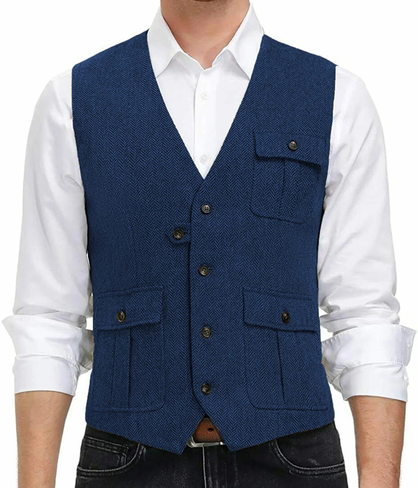 sanyamk Light Blue New Men Vest Wool Tweed Casual Waistcoat Formal Business Vest For Wedding Groomsmen Party Banquet Suit