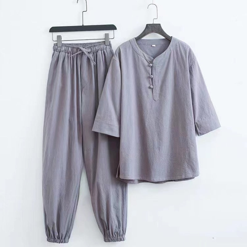 sanyamk Spring Summer New Men's Fashion Casual Solid Short Sleeve T-Shirt Pant Suit Men High-Quality Cotton And Linen Two-Piece Set 5XL