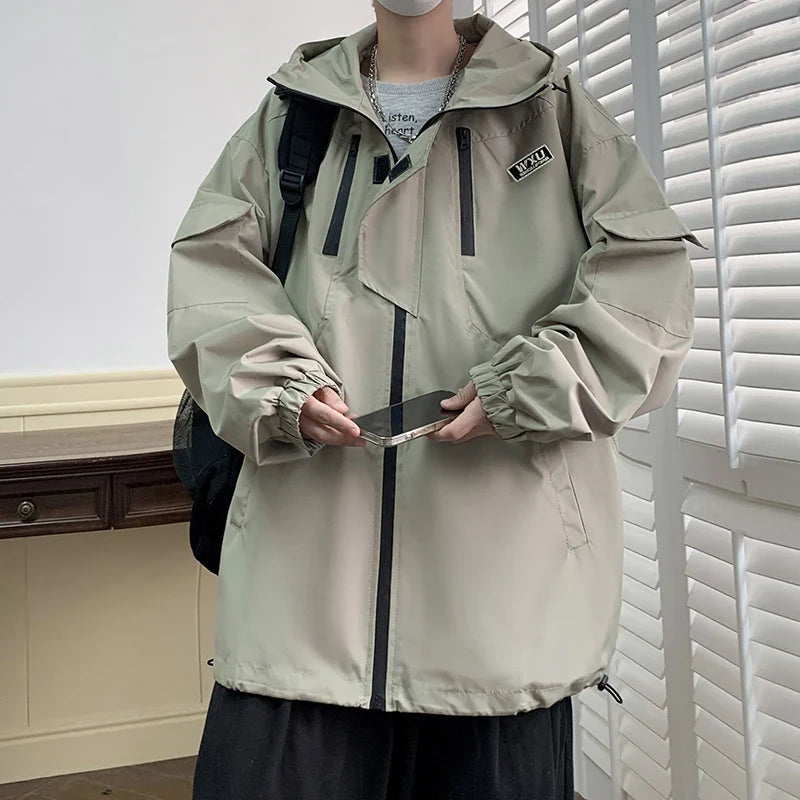 sanyamk Spring Mens Pockets Jackets Hip Hop Harajuku Streetwear Fashion Hooded Loose Coats Outwear Plus Size M-8XL