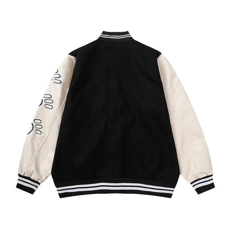 Bonsir Flocking Letter Embroidery Patchwork Human Made Wool Coat for Male and Female Retro Leather Sleeve Oversized Autumn Jackets