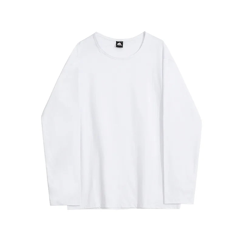 sanyamk - Men's T-shirts Korean Style Casual Large Neckline Round Collar Solid Color Long Sleeve Loose Male Tees New Simple 9C7619