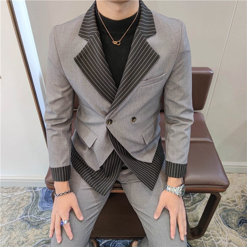 sanyamk Korean Patchwork Suit 2 Piece Suit Blazer Men Suit Set Slim Fit Tuxedo Suit Blazer Suit Men Stylish Blazer Stage Party Club