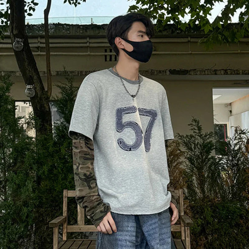 sanyamk - Niche Design Men's T-shirts Round Collar Letter Patchwork Camouflage Long Sleeve Contrast Color Loose Male Tees New 9C9072