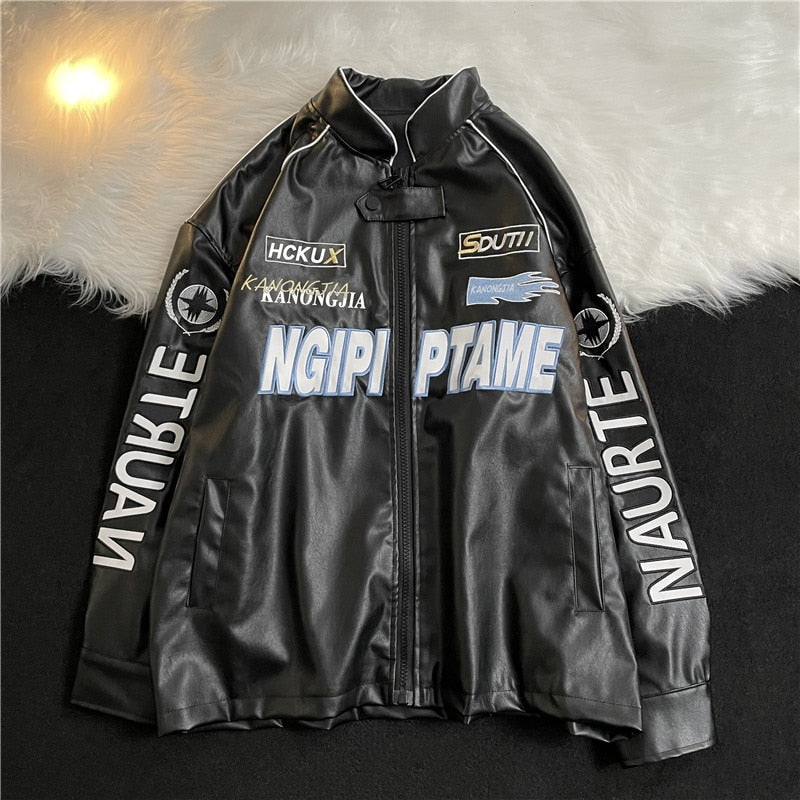 sanyamk American Embroidered Leather Jacket Men Pilot Motorcycle Suit New Fashion Casual Punk Harajuku Oversized Jacket Streetwear