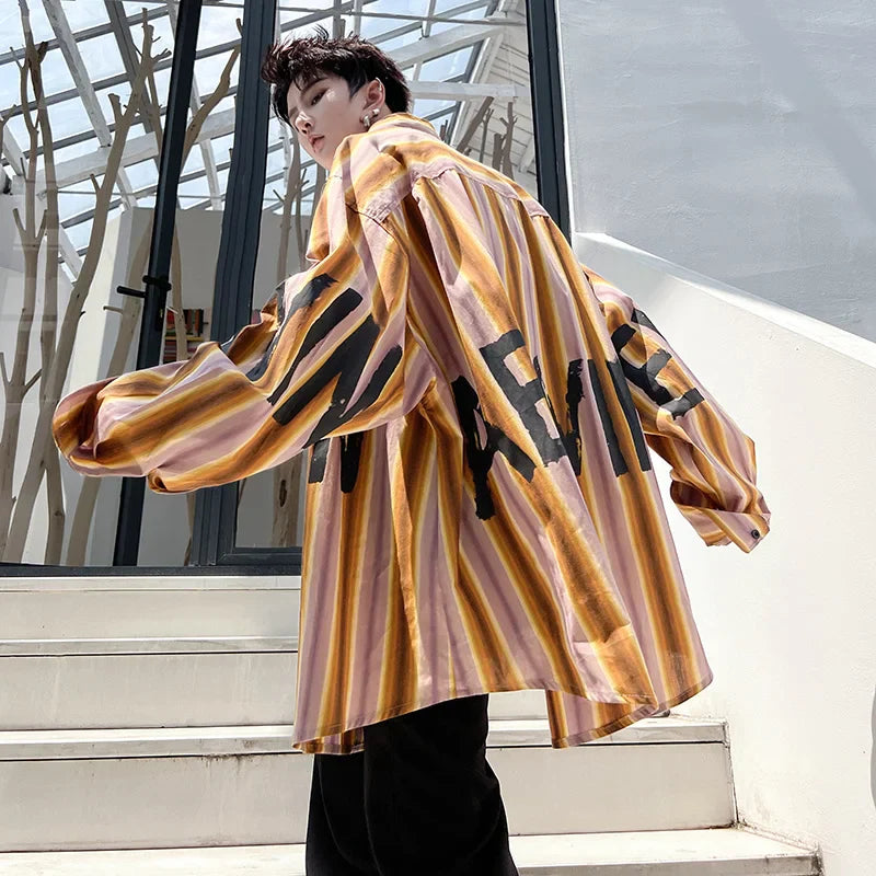Bonsir American style fried street printed striped shirt Men's trendy brand long sleeved Korean version loose fitting high street