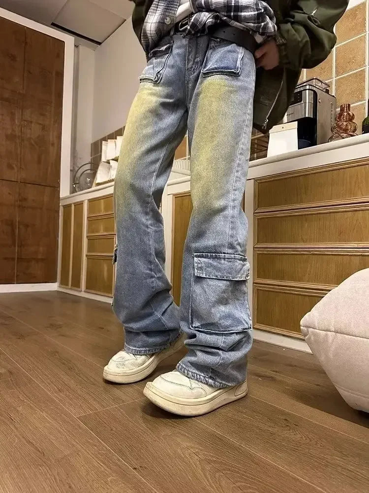 sanyamk Bootcut Jeans Men Flare Pants Hip Hop Distressed Denim Cargo Trousers Male Low Waist Casual Japanese Streetwear Pocket