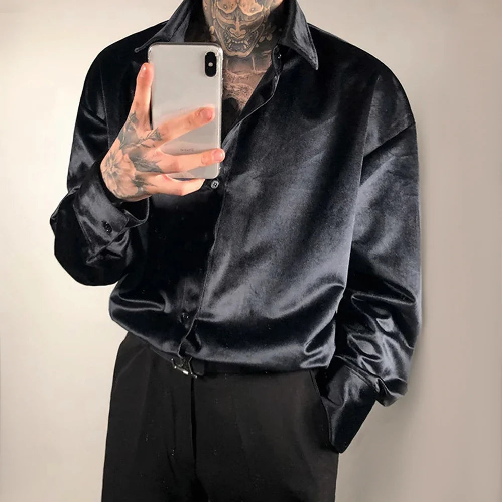 sanyamk Hong Kong Style New Trendy Shiny Long-Sleeve Gold Velvet Shirts Unisex Fashion Temperament Casual Shirts Jackets For Couples