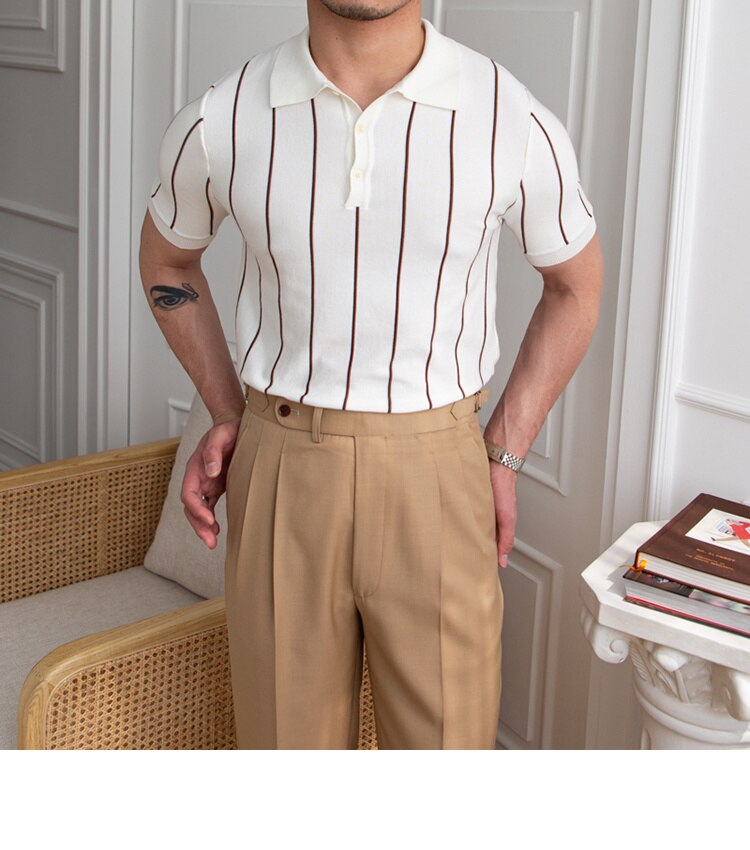 sanyamk Contrasting Stripes Casual Slim Lapel Polo Summer Knit Lapel T-shirt Polo Camisa Hombre British Men's Shirt Mannen Polo