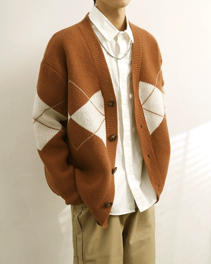 Bonsir Men's Knitted Cardigan Sweater Jacket Jacquard V-neck Women Autumn Loose Casual Button Long Sleeves Single-breasted Sweaters