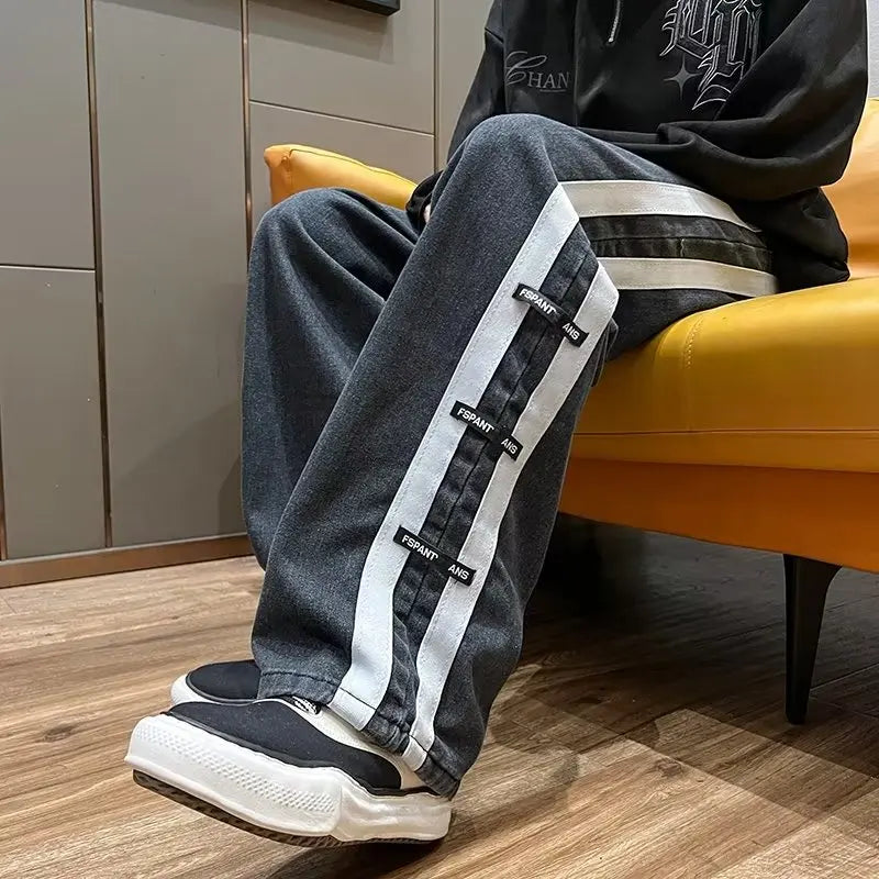 sanyamk Men Jeans Pants Black Wide Leg Oversize Cargo Korean Streetwear Hip Hop Harajuku Denim Trousers