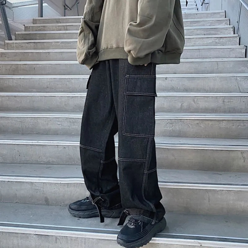 sanyamk Autumn Cargo jeans men Wide Leg Denim pants Loose Jeans Straight Baggy Men's Jeans hip hop Streetwear Neutral denim Trousers