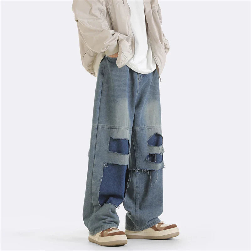 Bonsir American Splicing Niche Jeans Men's High Street Straight Wide Leg Drape Causal Loose Floor Mopping Trousers Male Clothes