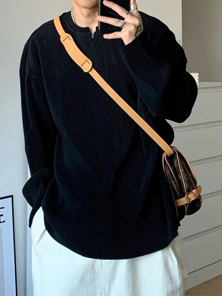 sanyamk - Pleated Design Drape V Neck T Shirt Men Stylish Pure Color Long Sleeve Loose T-shirts Fall New Casual Mens Pullovers Streetwear