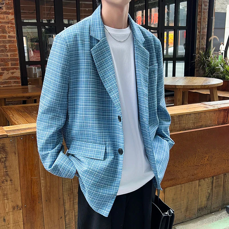 sanyamk - Fashion Oversize Plaid Blazer Jacket Men Japanese Style Clothing Vintage Casual Loose Grid Suit Coat Hip Hop Streetwear Khaki