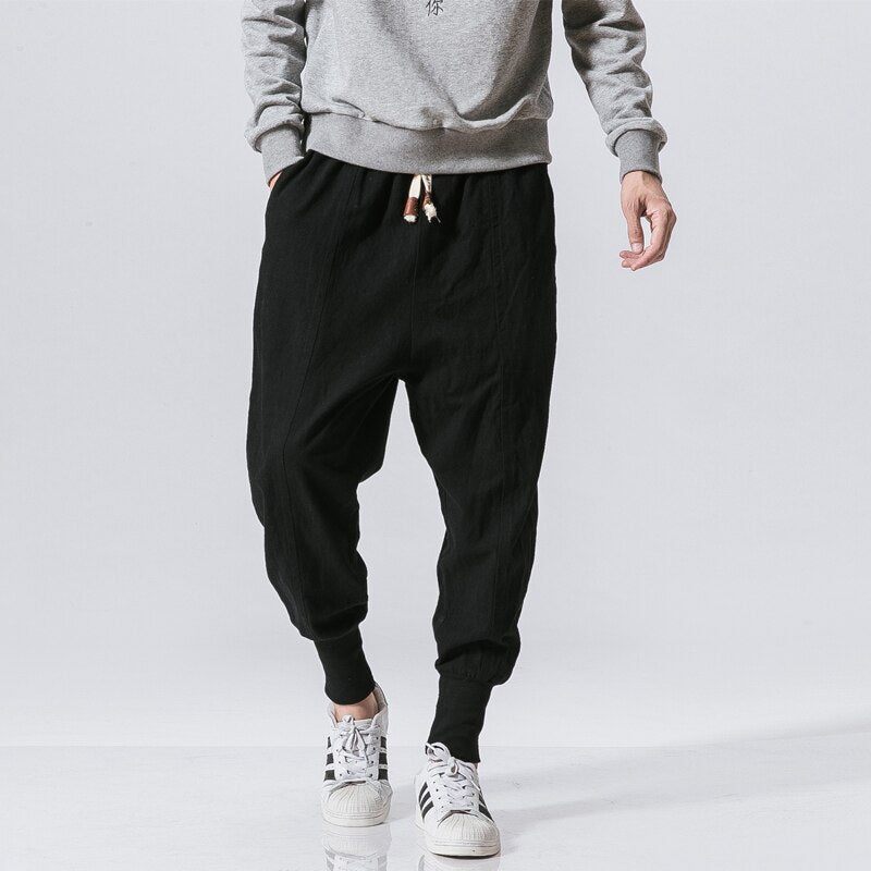 Bonsir Chinese Style Harem Pants Men Streetwear Casual Joggers Mens Pants Cotton Linen Sweatpants Ankle-length Men Trousers M-5XL