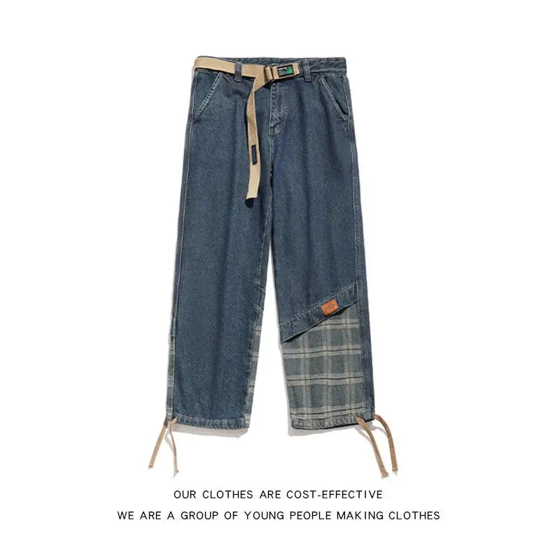 sanyamk Japanese Retro Splicing Jeans Autumn Niche High Street Causal Loose Drawstring Wide-leg Overalls Men Trousers Male Clothes