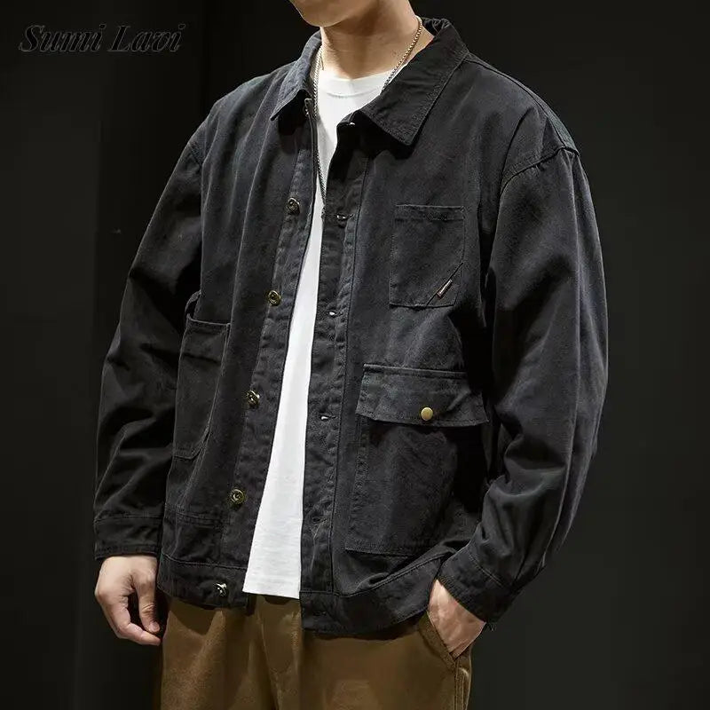 sanyamk - Vintage Patch Pockets Cargo Shirt Mens Jackets Casual Long Sleeve Button Lapel Jacket Coat Streetwear Men Clothes Outerwear Fall