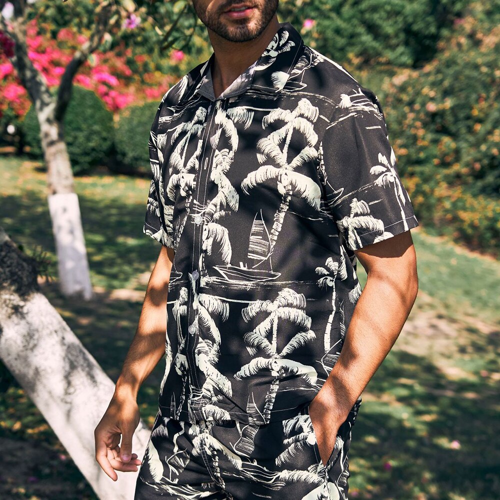 sanyamk Men's Casual Coconut Print Short Sleeve Shorts Set Vacation Hawaiian Flower Shirt Beach Two-Piece Set Summer Men's Clothing