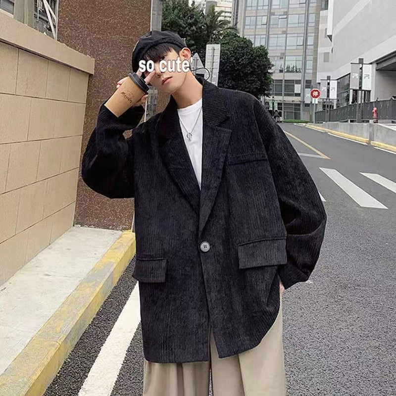 sanyamk Men's Fashion Corduroy Fabric Suit Jackets Leisure Korean Trend Coats Streetwear Loose 3 Color Western-style Clothes S-2XL