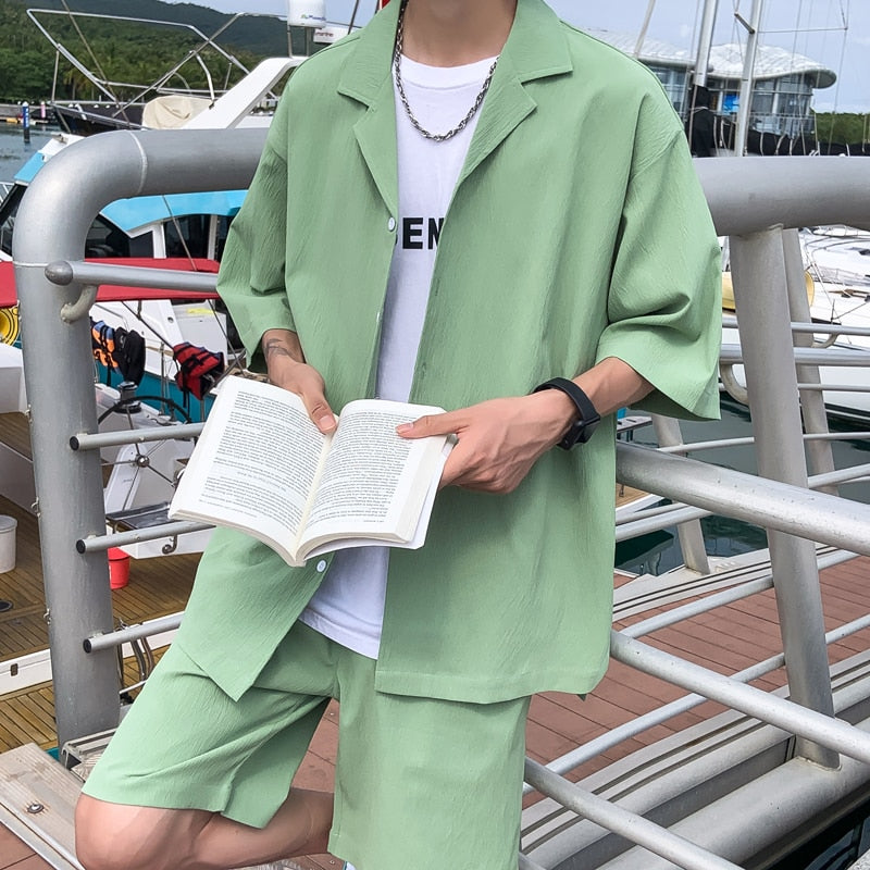 sanyamk Korean Style Men's Set Suit Jacket and Shorts Solid Thin Short Sleeve Top Matching Bottoms Summer Fashion Oversized Clothing Man