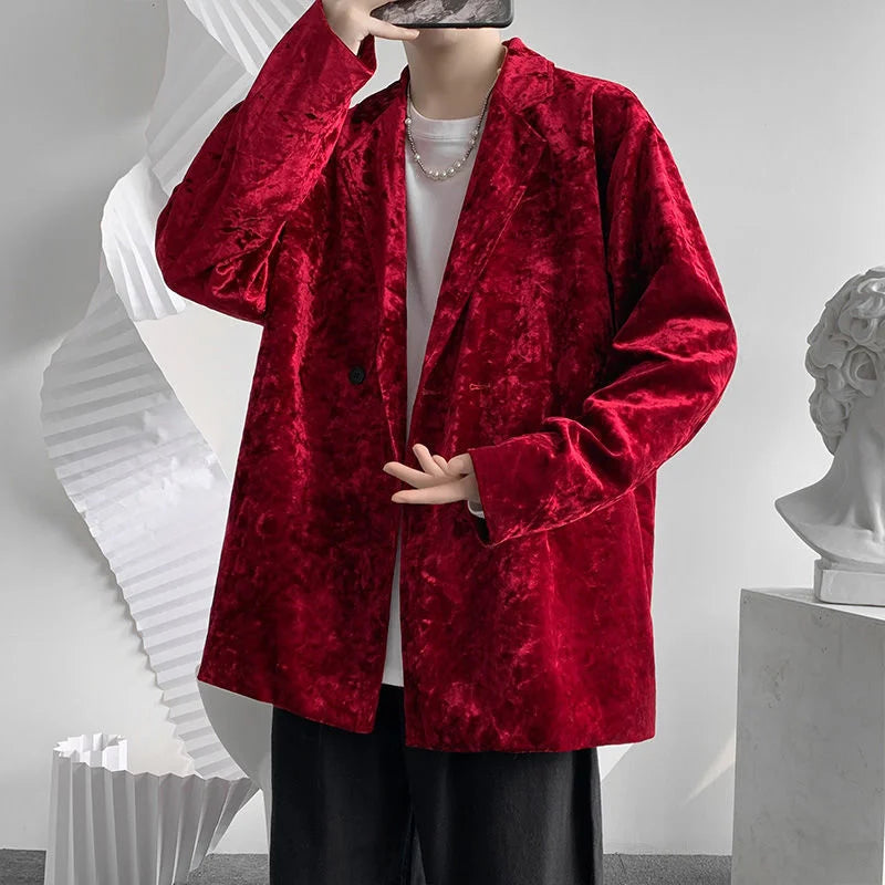 sanyamk - Chic Menswear Red Pleuche Blazers New Loose Notched Double Breasted Suit Jacket Autum Winter Loose fit Coat D0722