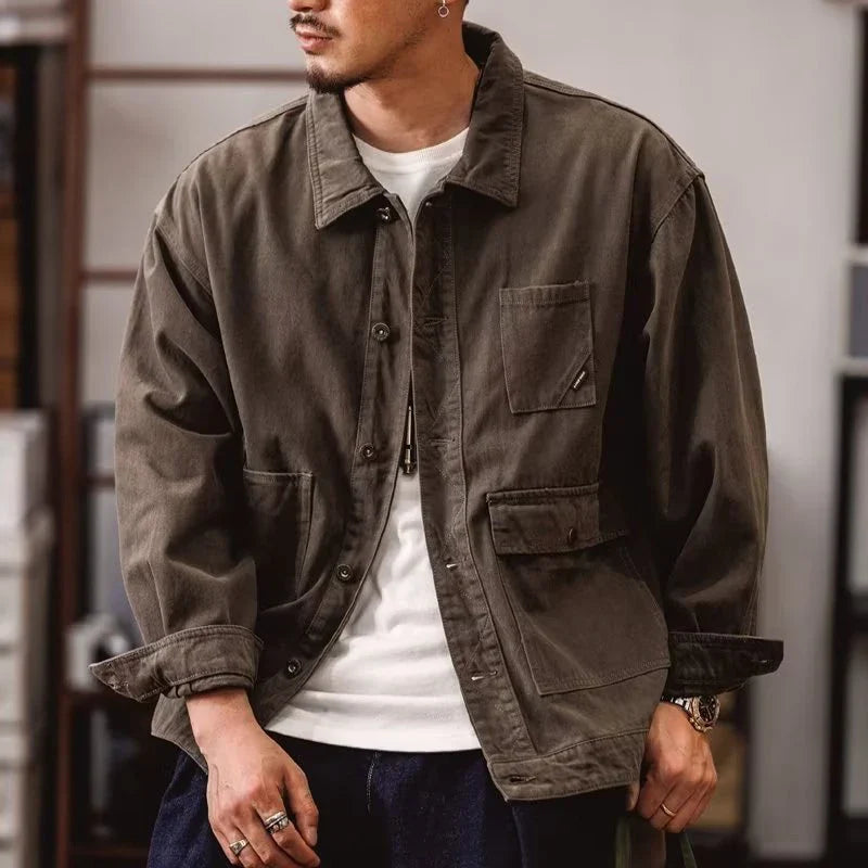 BONSIR - Vintage Patch Pockets Cargo Shirt Mens Jackets Casual Long Sleeve Button Lapel Jacket Coat Streetwear Men Clothes Outerwear Fall