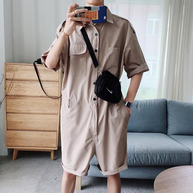 sanyamk Fashion Men Playsuit Overalls Punk Hip Hop Korean Version Pocket Pant Loose Short Sleeve Rompers Youth Cargo Jumpsuit Streetwear