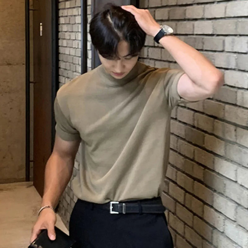 sanyamk - Business Casual Men's T-shirts Knitting Mock Neck Short Sleeve Loose Male Tops Solid Color Minimalist New Summer 9C6418