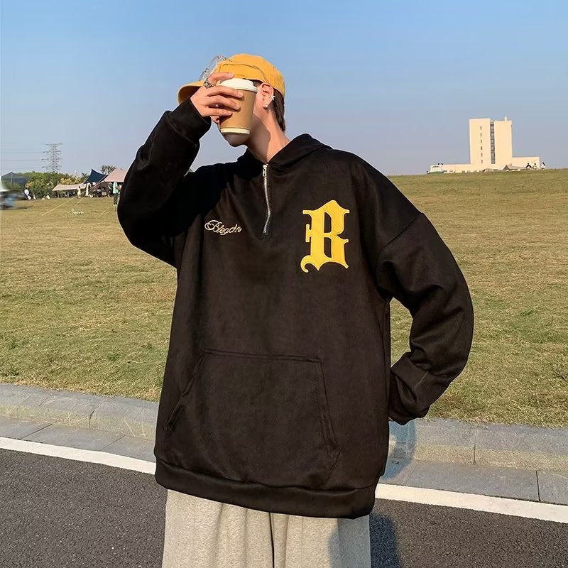 sanyamk Vintage Men's Hoodie Suede Sweatshirt Letter Embroidery Harajuku Autumn Casual Pullover Women Half Zipper Hip Hop Hooded