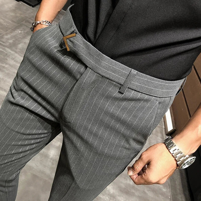 sanyamk - British Style Suit Pants Men Dress Pants Social Slim Fit Office Trousers Men Grey Spring New Striped Belt Trousers Men's