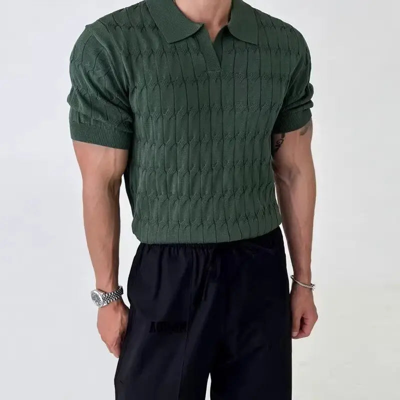 sanyamk - High-end Korean Knitted Polo Shirt Men Short Sleeve Trendy T-shirts for Men Summer Japanese Slim Fit Lapel Golf Wear 2024 Top