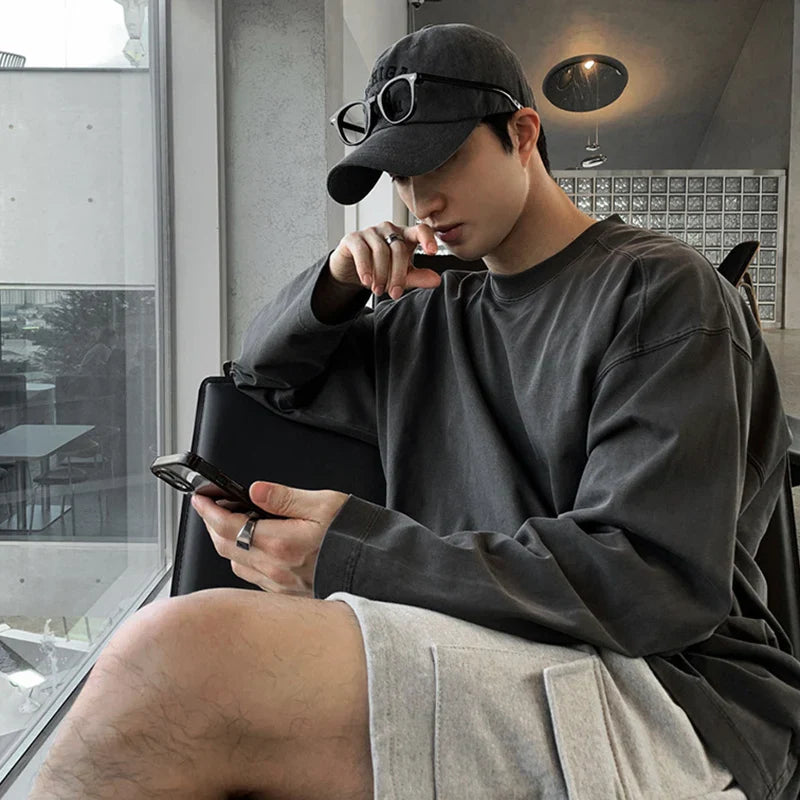 sanyamk - Solid Color Men's Tees Round Collae Long Sleeve Casual Menwear Pullover Korean Style Male T-shirts Simple New Autumn 9C7799