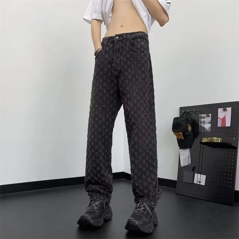 sanyamk Jacquard Pattern JEANS MEN 2024 NEW Denim Pants Male Straight Fitting Baggy Bottoms Distressed Wide Jeans For Men