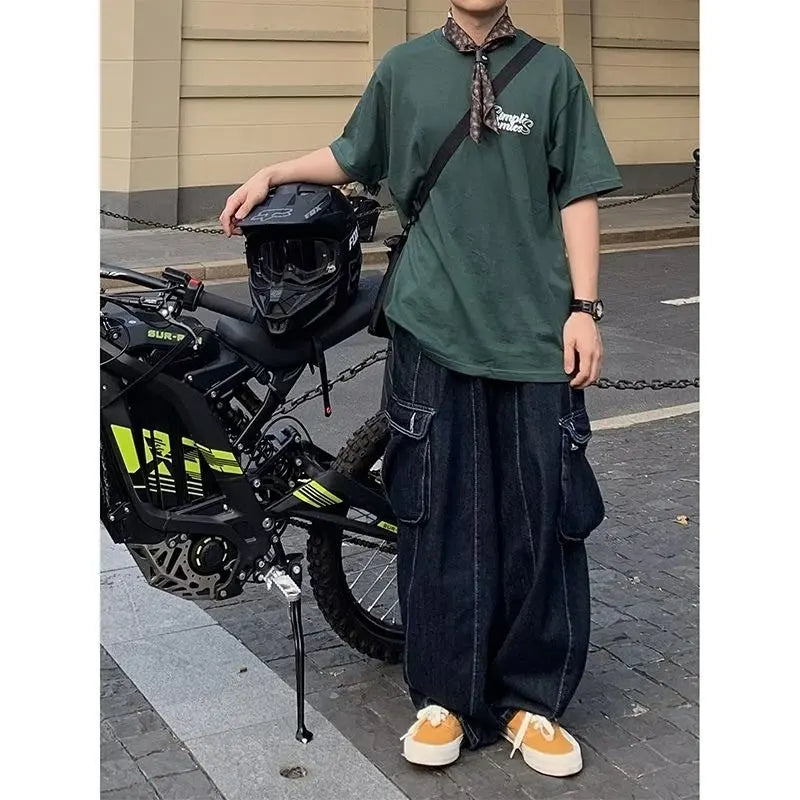 Bonsir Baggy Cargo Jeans big pocket Trousers Male Denim Pants Wide Leg Pant women's Jeans Loose Casual Streetwear Hip Hop Harajuku