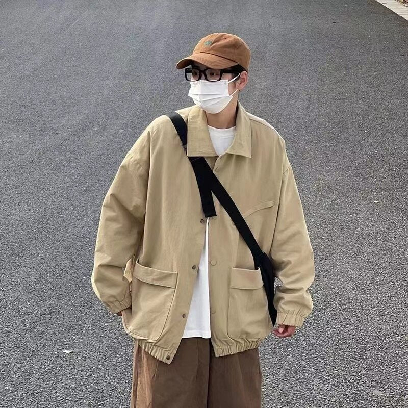 sanyamk Men's Japanese Vintage Lapel Collar Cargo Jackets Work Clothes Harajuku Loose Casual Coats Solid Color Outerwear M-2XL