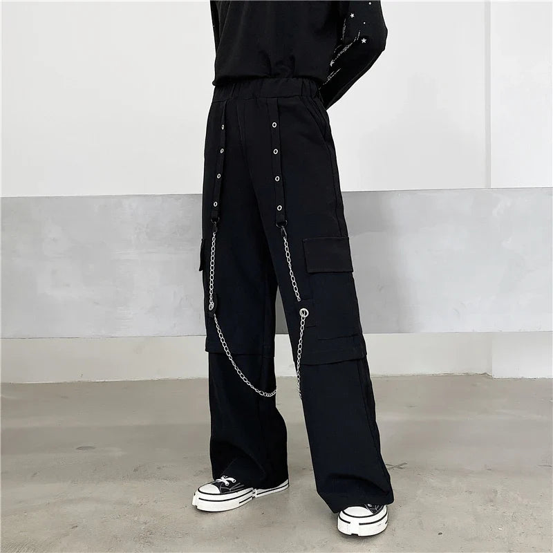 sanyamk - Men Autumn New Fashion Wide Leg Pants Both Metal Chain Decor Big Pockets Elastic Overalls Mens Loose Casual Streetwear Trousers